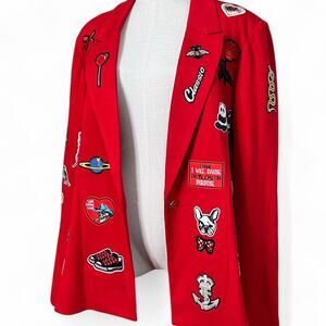 rare 1 of 1 red upcycled oversize blazer with patches on collar sleeve and body